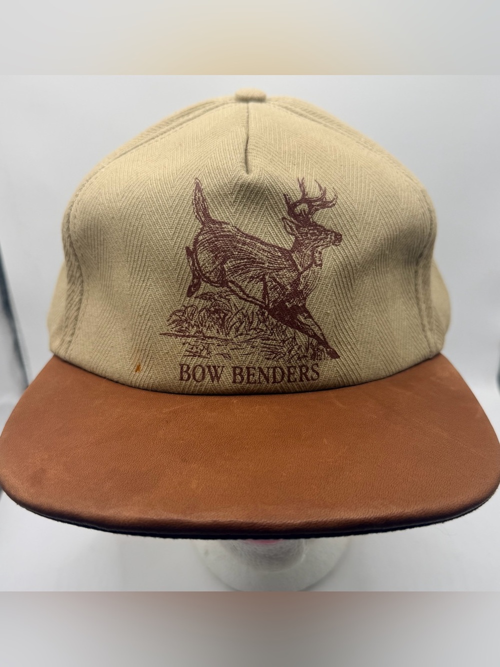 Vtg Bow Benders Archery Hat Hunting Club Strapback Cap Leather Brim Deer Buck